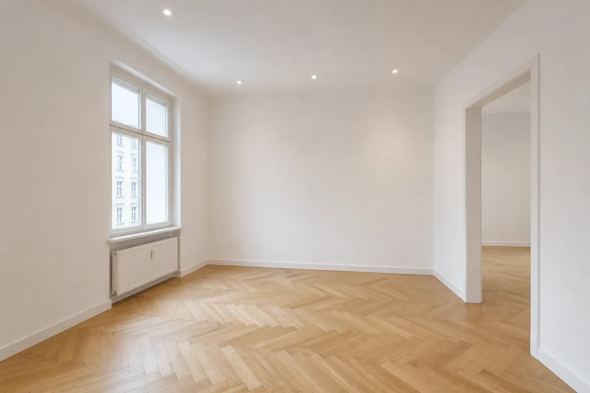 Dasselbe Zimmer nach dem Trockenbau: glatte weiße Wände und Decke